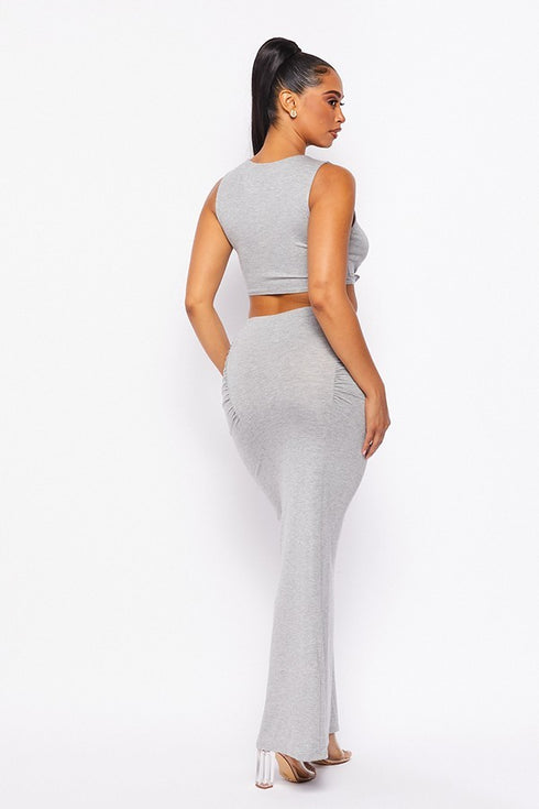 2 Pc. Sleeveless Crop Top W/ Knot In The Front & Maxi Skirt - Heather Grey - SohoGirl.com